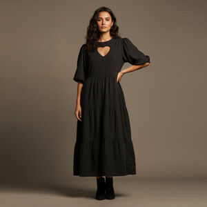 Desigual NWT Black Midi Dress Medium Puff Sleeve Keyhole